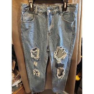 Shein Jeans Women's Size MED Distressed Blue Ripped High Rise Straight leg Jeans